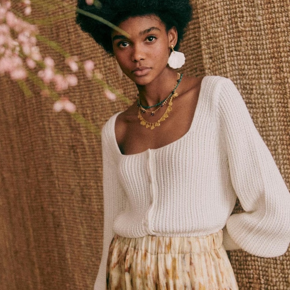 Sezane Cream Open-Knit Scoop Neck Cardigan - Picture 2 of 11
